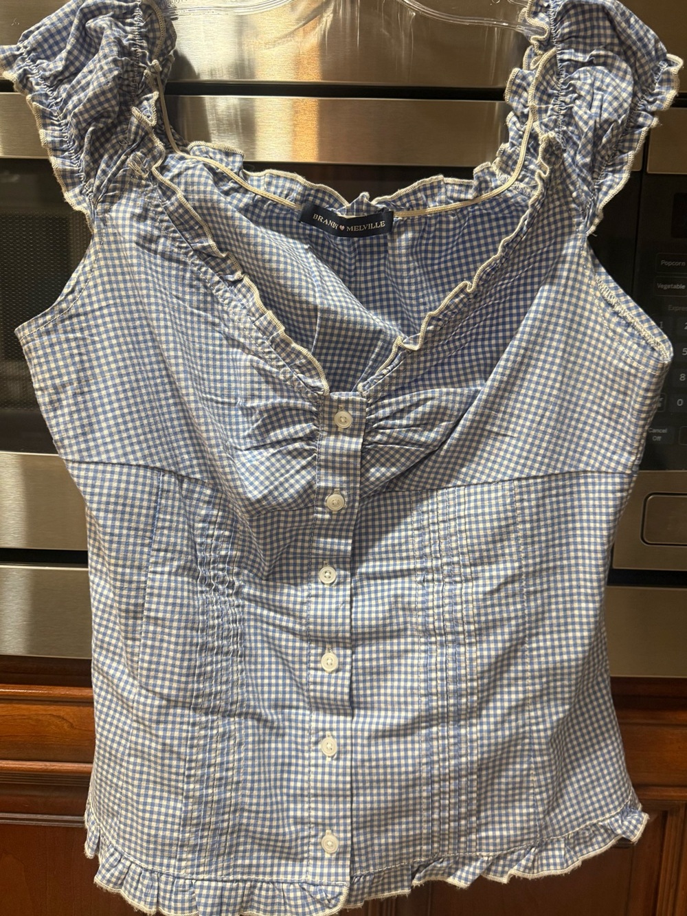 BRANDY MELVILLE Blue Gingham Ruffle Button-Front Top